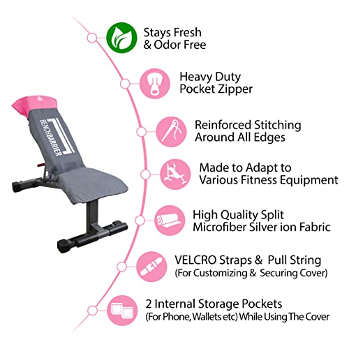 BenchBarrier - Multifunctionele zweetdichte/geurvrije microfiber fitnessapparatuur hoes voor gewichtsbank, workout bankpers, gym oefenapparatuur hoes met mini opbergzakken (roze) - Afbeelding 3