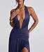Ekaliy Women's Sexy Halter Deep V Neck Maxi Dress Sleeveless Backless High Slit Ruched Long Dress Party Cocktail Dresses Navy
