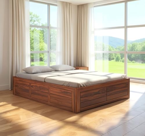 Image of Amazon Brand - Solimo Solid Sheesham Wood Queen Size Bed with Box Storage | Wooden Double Bed Cot Without Headboard | Storage Bed Frame for Bedroom Furniture (Natural Finish)
