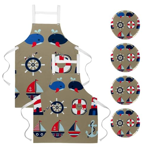 Lot de 2 tabliers de cuisine élégants à motif nautique et broches incluses