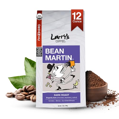 Larry's Coffee Whole Coffee Beans - Dark Roast | Air Vacuum Sealed | USDA Organic, Fair Trade, Shade-Grown | Rich Smooth Flavor & Aroma | Creamy Chocolate, Blackberry, Walnut Blend | Bean Martin, 12oz