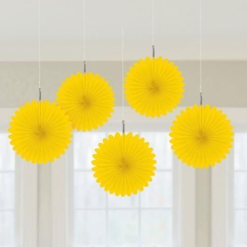 Yellow Paper Hanging Fan Decorations x 5
