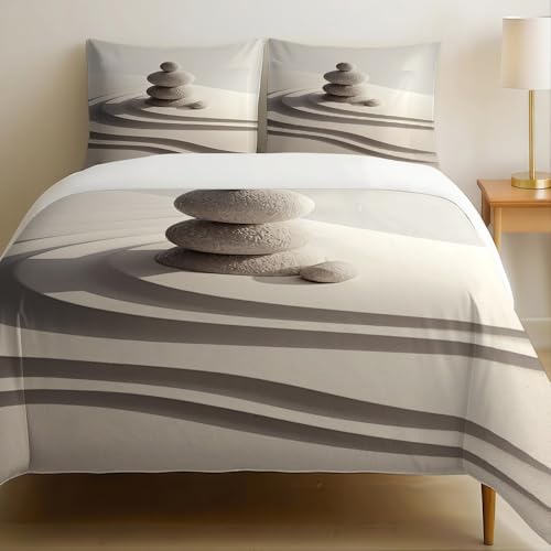 Housse de Couette 240 x 260 cm Galets de Plage Linge de Lit 2 Personnes Brun Clair Microfibre avec 2 Taies d’Oreiller 65x65 cm