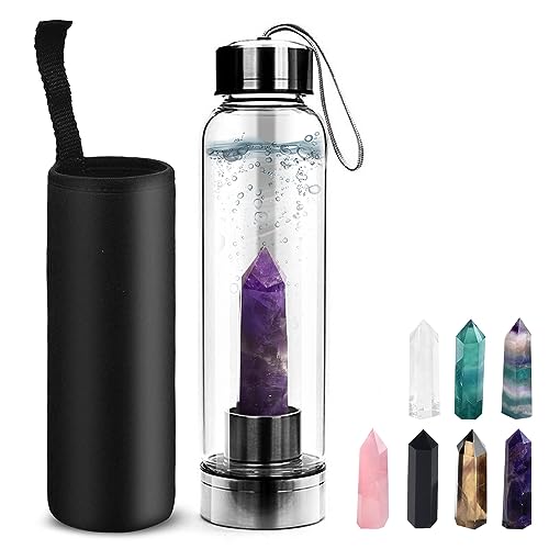 HINATAA Bottiglia Acqua di Cristallo Naturale,Bottiglia in Pietre Preziose al Quarzo Rimovibile,Borraccia Porta Gemme di Portatile,BPA Cristalli Curativi Chakra 550ml (Ametista+Flacone)