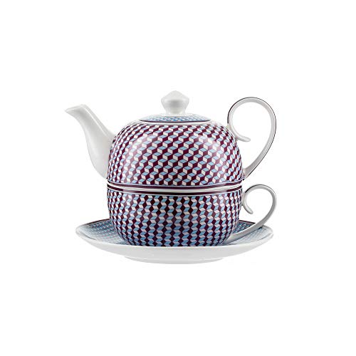 Jameson & Tailor - Jameson & Tailor – Théière solitaire en porcelaine brillante, modèle « Palette de motifs » - Service à thé individuel – Violet et Bleu - Capacité 450ml - Résistant aux lave-vaisselles et micro-ondes