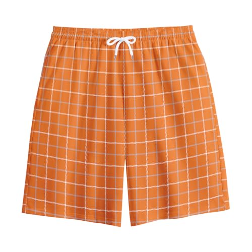Men's Stylish Orange Tattersall Pattern Print Shorts - Casual Summer Fashion - Plaid Design Beachwear - Trendy Vacation Outfit - Lightweight Holiday Attire