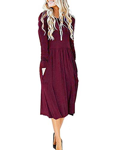 MISFAY Women's Long Sleeve Pockets Empire Waist Pleated Loose Swing Casual Flare Midi Dress (L, Wine Red)
