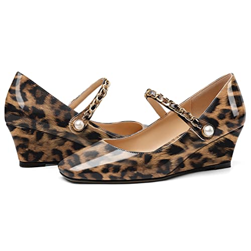 Eldof Women's Mary Janes Wedge Heels Square Toe Low Wedge Heeled Pumps Office Wedding Dress Shoes 2 Inches4