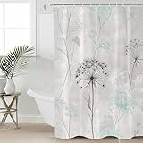 JIUFOTK Cortina de Ducha de Diente de león Verde Azulado y Negro con Gancho, 152 x 183 cm, diseño Floral Vintage de Acuarela, Lavable, de poliéster.