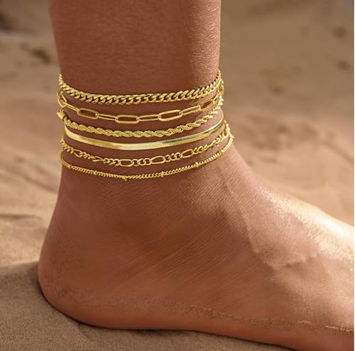 6 PCS Gold Ankle Bracelets for Women, 14k Plated Gold Layered Anklet Set Waterproof Herringbone Paperclip Beaded Figaro Cuban Link Chain Beach Stackable Anklet Bracelet Jewelry Gift for Women3