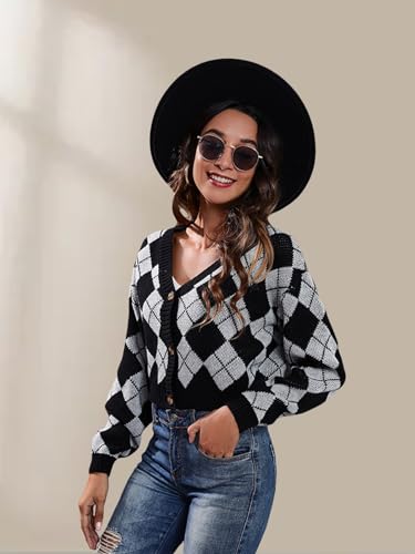 Image of Wowcarbazole Women's Knit Cardigan Sweaters Long Sleeve Argyle Open Front Button Down V Neck Cropped Coats Casual Trendy Tops(Grey Black-XL)