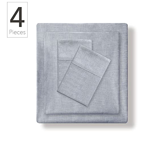 Nate Home By Nate Berkus 4-Piece Cotton Chambray Sheet Set | Crisp, Cool, Breathable Bedding From Mdesign - Full Size - 1 Flat Sheet/1 Fitted Sheet/2 Pillowcases, Night (Blue) #TOP1