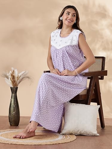 Image of 9shines Label Cotton Sleeveless Nighty | All Over Print Maxi Night wear for Women | Full Length Night Gown Night Dress for Women Stylish (Cotton Sleeveless 25)