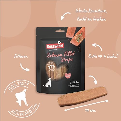 Rosewood Salmon Fillet Strips Large – Weicher Hundesnack mit 97 Prozent Lachs, proteinreich und fettarm, ohne Getreide, ohne künstliche Zusatzstoffe, 150 g