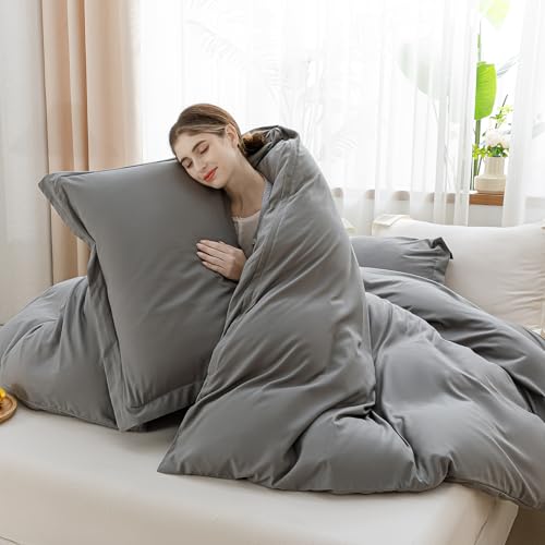 Image of SheRest Gray Duvet Cover Twin Size - Soft Brushed Microfiber, 1 Duvet Cover 68x90 Inches with Zipper Closure 8 Ties & 1 Pillow Sham, Breathable Bedding Set for All Season (No Comforter)