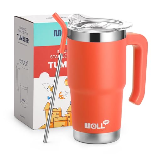 16 oz Kids Tumbler with Handle,Insulated Cup with Lid and Straw (Orange)