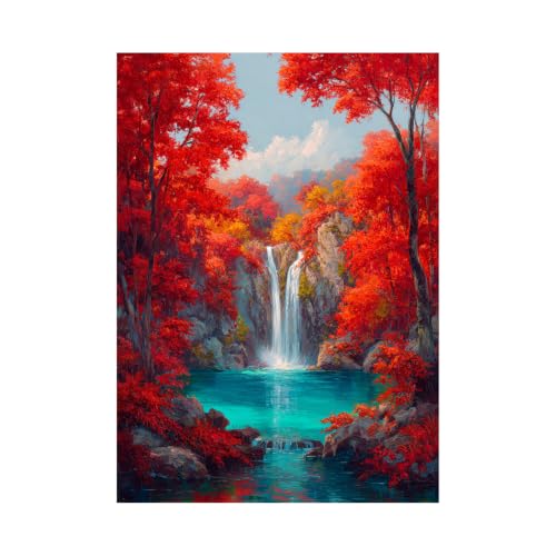 Cuadro naturaleza vintage de montaña y cascadas: lámina decorativa roja, 40x60cm
