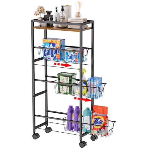 4 Tier Slim Rolling Storage Cart with Pull-Out Baskets, Mobile Shelving Unit with Wooden Tabletop, Narrow Utility Cart Tower Rack for Small Spaces, for Kitchen Bathroom Laundry Room Dining Room