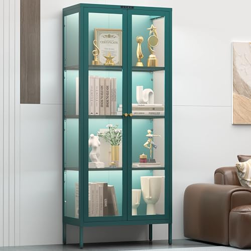 Display Cabinet with Glass Doors, Glass Display Cabinet with 8 Color LED Lights, Curio Display Cabinet with 3 Shelves for Living Room, Plant, Display