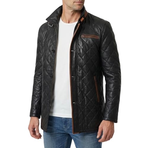 Image of Decrum Car Coat Style Mens Leather Jacket - Real Lambskin Long Leather Jackets for Men