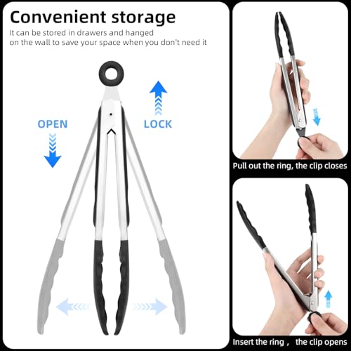 2 Pezzi Pinze da Cucina,Pinza Acciaio Inoxe Silicone,Pinze da Cucina Professionali per Barbecue,Pasta,Bistecca,Cottura al Forno(7 e 9 Pollici,Nero) - immagine 4
