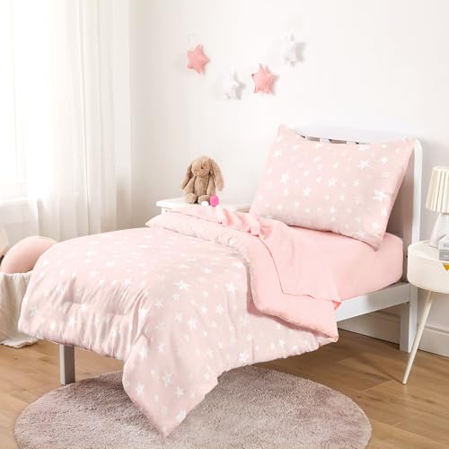 Image of Wake In Cloud - Toddler Bedding Set for Boys Girls, Cute Star Polka Dot, 4 Pieces Soft Crib Bed Set Including Comforter, Sheets and Pillowcase, Light Pink