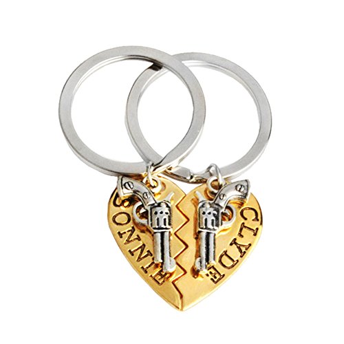 Maylove 2pcs Bonnie And Clude  Split Heart Pistol Gun Revolver Charm Pendant Couple Keychain Keyring