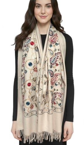 Van Der Rich ® - Chal Pashmina Suave mezcla Cachemira Bordado Floral - Mujer (Beige)
