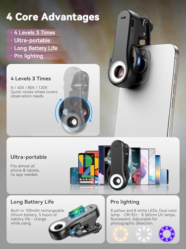 Image of MIAO LAB Phone Microscope, 40x /80x /120x 3-in-1 Switchable Magnification Portable Microscope with LED UV Light CPL Lens for iPhone & Android Phone Zoom Lens Attachment for Plants /Coins /Jewelry