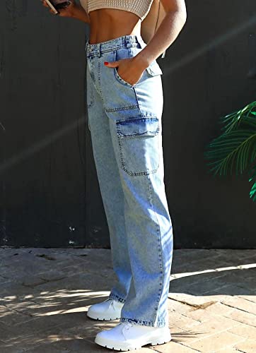 chouyatou Women's Boyfriend Multi-Pocket Cargo Jeans Y2K Streetwear Wide Leg Washed Denim Pants3