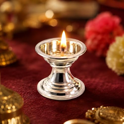 Image of 925 Sterling Silver Diya for Pooja | Handcrafted Silver Deepam Ghee Vilakku Lamp | Home Temple Decor | Silver Pooja Item