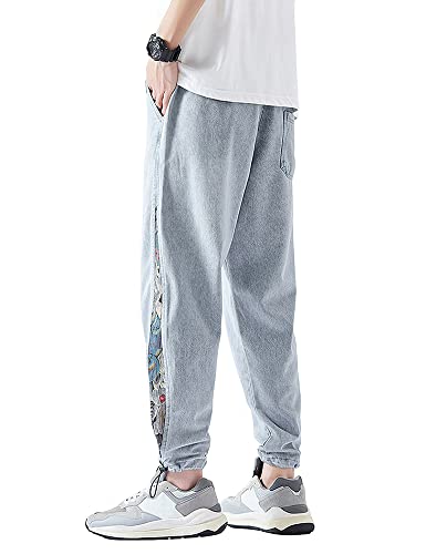 Men's Joggers Denim Jeans Elastic Waist Casual Pull On Pants4