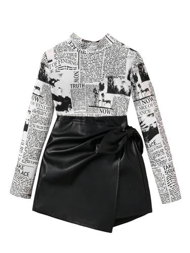 Image of WDIRARA Girl's 2 Piece Outfits Newspaper Print Mock Neck Tee and Knot Side Wrap Pu Leather Skort Set