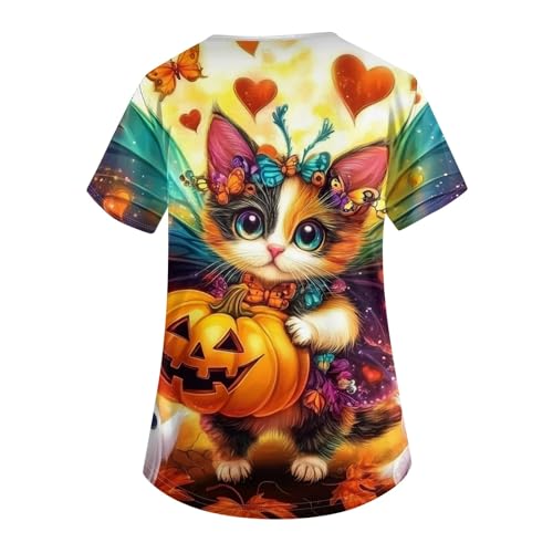 OIOLOYJM Halloween Christmas Scrub Tops Women Print V Neck Short Sleeve Plus Size Scrubs for Womens Shirts with Pockets