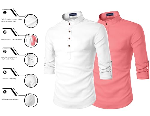 Image of Zombom Men's Combo Cotton Polyester Blend Solid Full Sleeve Straight Regular Fit Mandarin /Chinese Collor Kurta (Pack of 2)