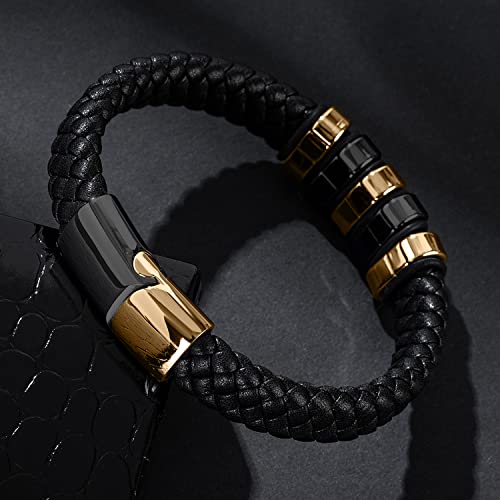 Ljwvx Black Genuine Leather Bracelet For Men Son Boys Braided Leather Cuff Wristband Gold And Black Stainless Steel Magnetic Clasp 8.5 Inches #TOP4