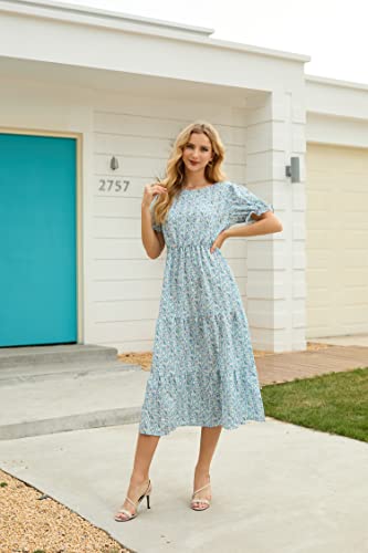 Image of GRECERELLE Women's Spring Summer Casual Loose Round Neck Boho Dress Ruffle Puff Sleeve High Waist Midi Dress