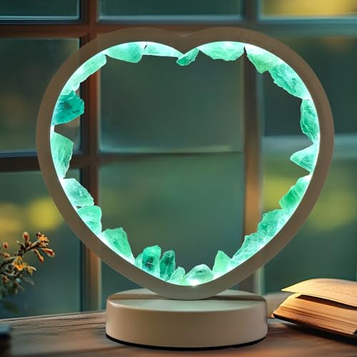 Image of Runyangshi Natural Crystal Night Lamp Heart Shape Bedroom Bedside Sleep Night Light Healing Crystal Gemstone Green Fluorite Light Tri-Color Ambient Light USB Powered for Home Decor Gift