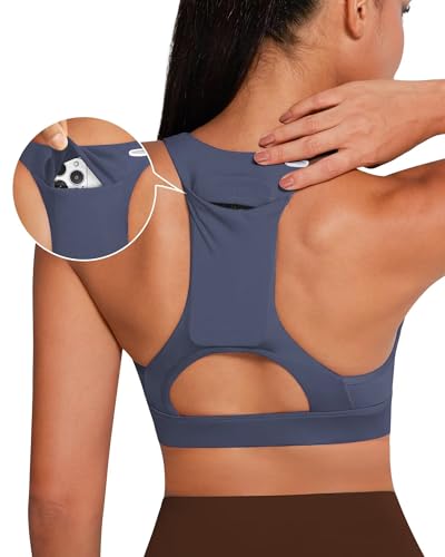 Image of QUEENIEKE BareFlow Women's Sports Bras with Phone Pocket Medium Impact Padded Racerback Workout Gym Crop Top Running Yoga Bra