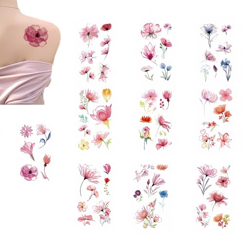 SSyang 10 Pages Tatoo Temporaire, Fleurs Aquarelle Tatouage Temporaire, Sexy-Couleur Rose Faux Tatouage, Facile à Utiliser, Authentique et Durable, pour Le...