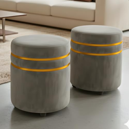 Image of Decorative Ottoman Pouffes for Sitting - Two-Piece Set of Puffy Stools and Footstools - Round Ottoman Stool for Living Room Furniture (Grey)