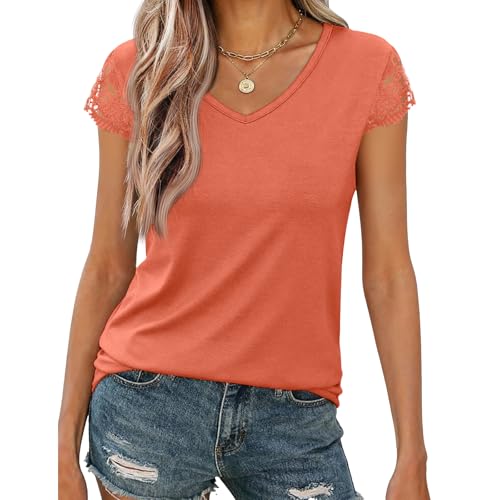Image of Womens Tops V Neck Short Sleeve T Shirts Womens Summer Tops Casual Soft Basic Lace Tops Spring Summer Tees Clothes 2026