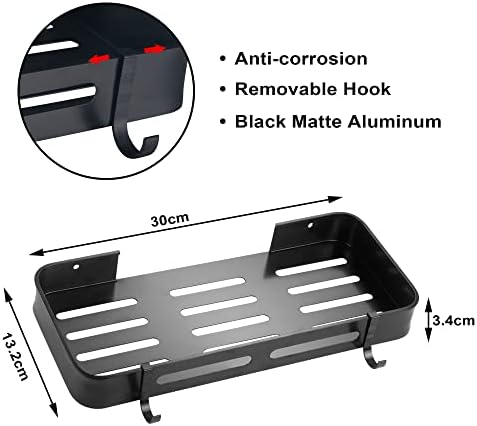 LEADAHEAD Self Adhesive Shower Shelf Aluminum Bathroom Shelves Organizer Wall Mounted or NO Drill Storage Caddy for Bathroom, Kitchen 2 Pack (Black)