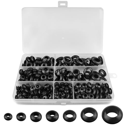 Lectorias 260 Piezas Arandelas de Goma, 7 Tamaños Tapones de Goma para Agujeros, Pasamuros Goma, Pasacables Goma, Ojales de Goma con Agujero, para Proteger Alambre, Enchufes y Cables (Negro)
