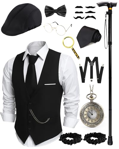 HaBaeBae 1920s Mens Costume, Roaring 20s Costumes for Men 1920 Mens Outfit with Hat Vest Folding Walking Cane Pocket Watch Fake Mustache