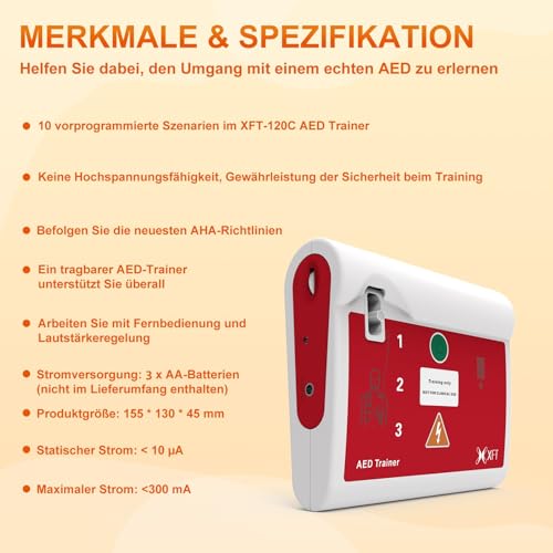 AED Trainer Deutsch, AED Trainingsgerät 10 Verschiedene Szenarien Deutsch&Englisch Sprachansagen mit Fernbedienung AED-Trainer mit CPR Lehrgerät für Erste-Hilfe-Schulungen XFT-120C