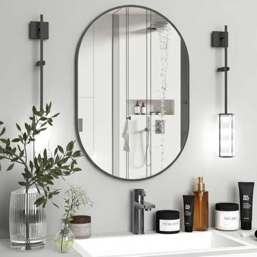 Image of Oval Wall Mirror with Durable Wooden Frame - 24 inchx16 inch (Black) | Modern Decorative Wall Hanging Mirror for Bathroom, Basin, Bedroom, Hostel Room Living Room, Dressing Table