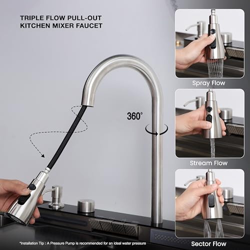 Image of Ruhe Piano Silver Smart Waterfall Kitchen Sink | 30x18x9 inches | Digital Display, Pull-Out Faucet & RO Tap | 304-Grade Stainless Steel Single Bowl Sink | Automatic Cup Washer | Multi-Functional Sink
