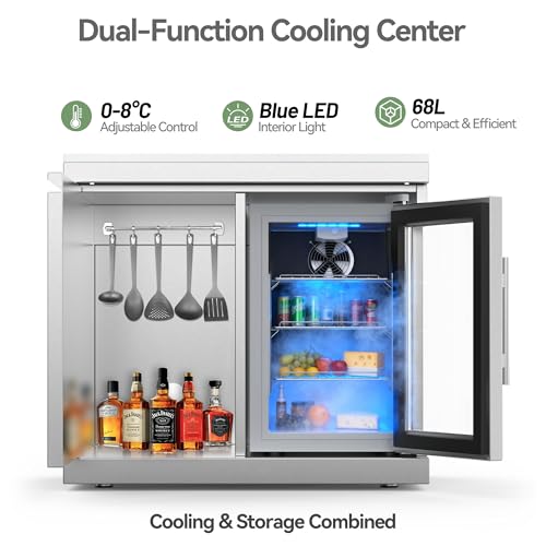 Image of Combo Storage and Refrigerator Cabinet for Outdoor Kitchen, Stainless Steel with 68L Refrigerator and Storage Unit, 0-8C Adjustable Temp & LED Light, Modular BBQ Island Center