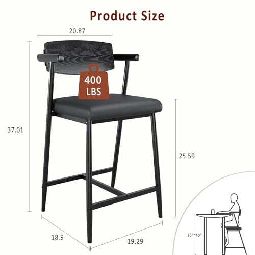 Image of GarveeHome Counter Height Bar Stools Set of 2 with Arms, 26 in Upholstered Modern Bar Stools Set with Wood Back & Footrest for Kitchen Island, Counter Bar, Wider Seat, Easy Assembly,Retro Black
